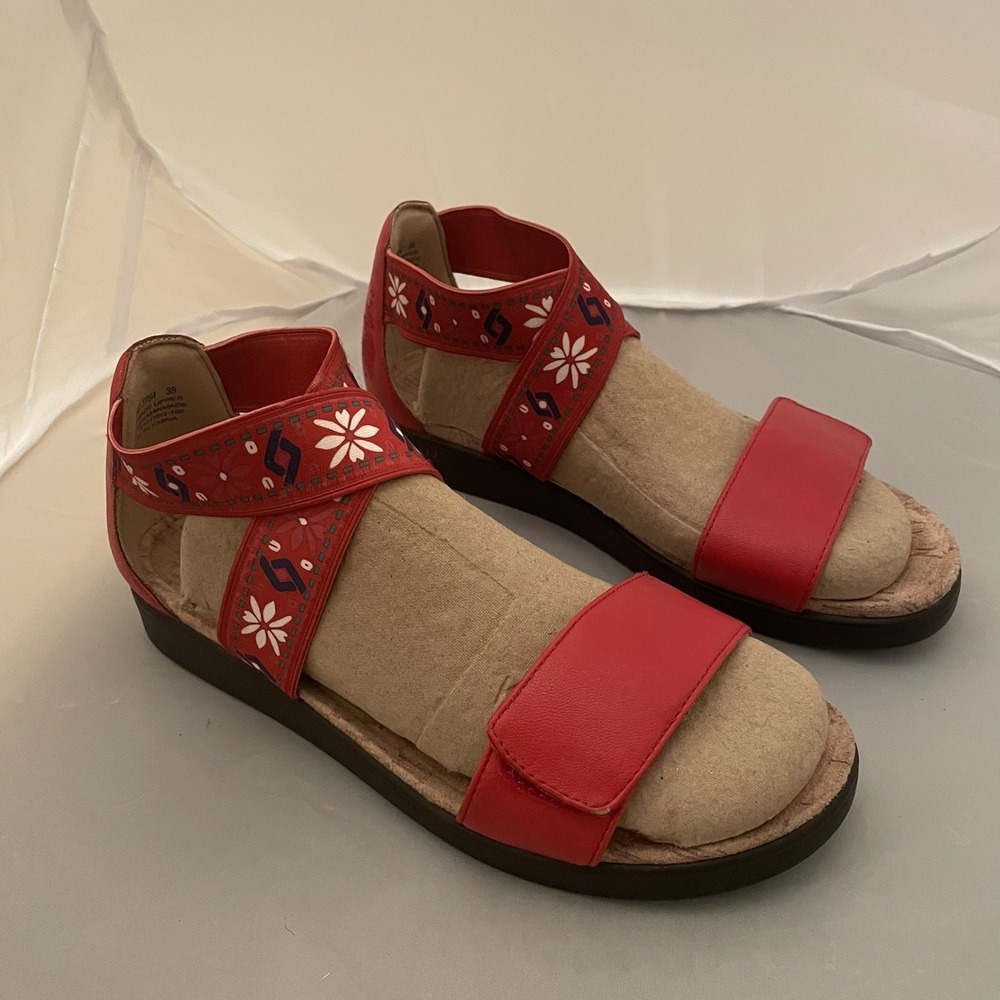 Alegria Sandals Womens Sz.38 Lucia Ankle Strappy Flats 7764 Red Floral Summer